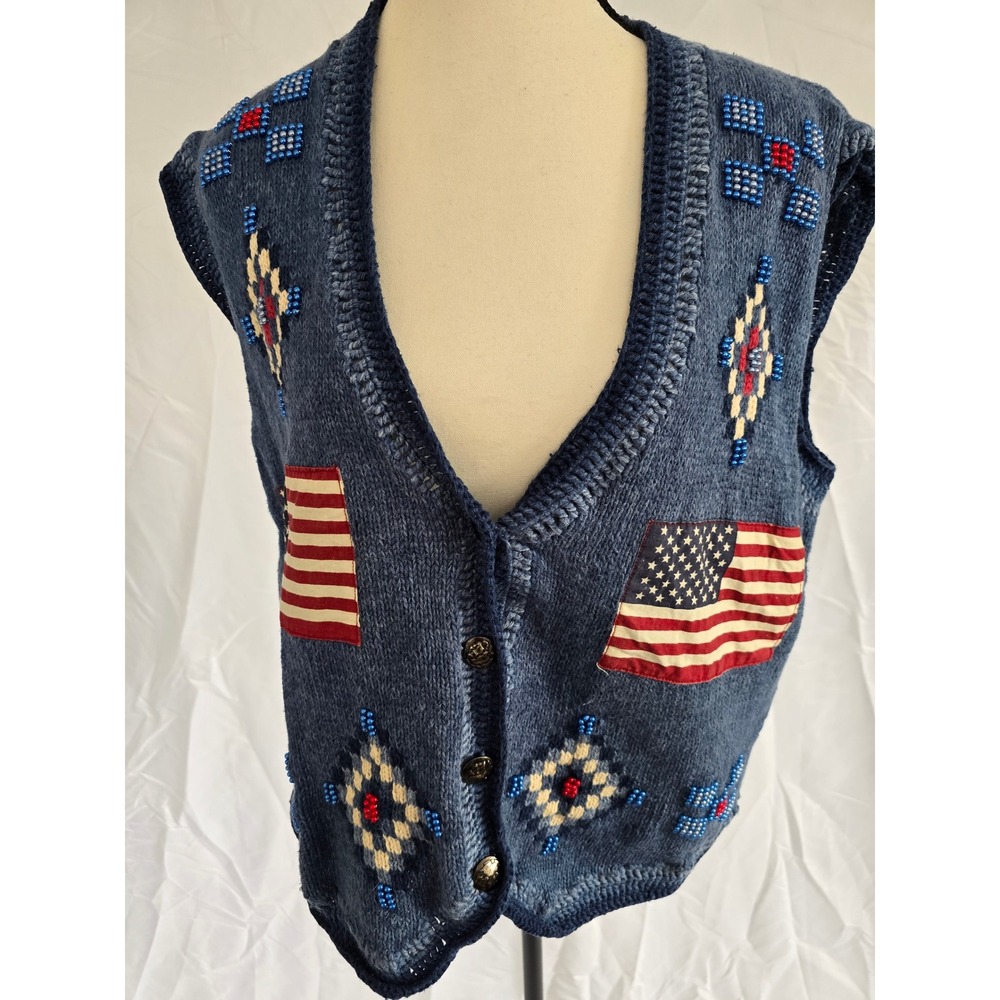 Vintage‎ American Flag Beaded Knit Vest Women's Size L Patriotic Cardigan